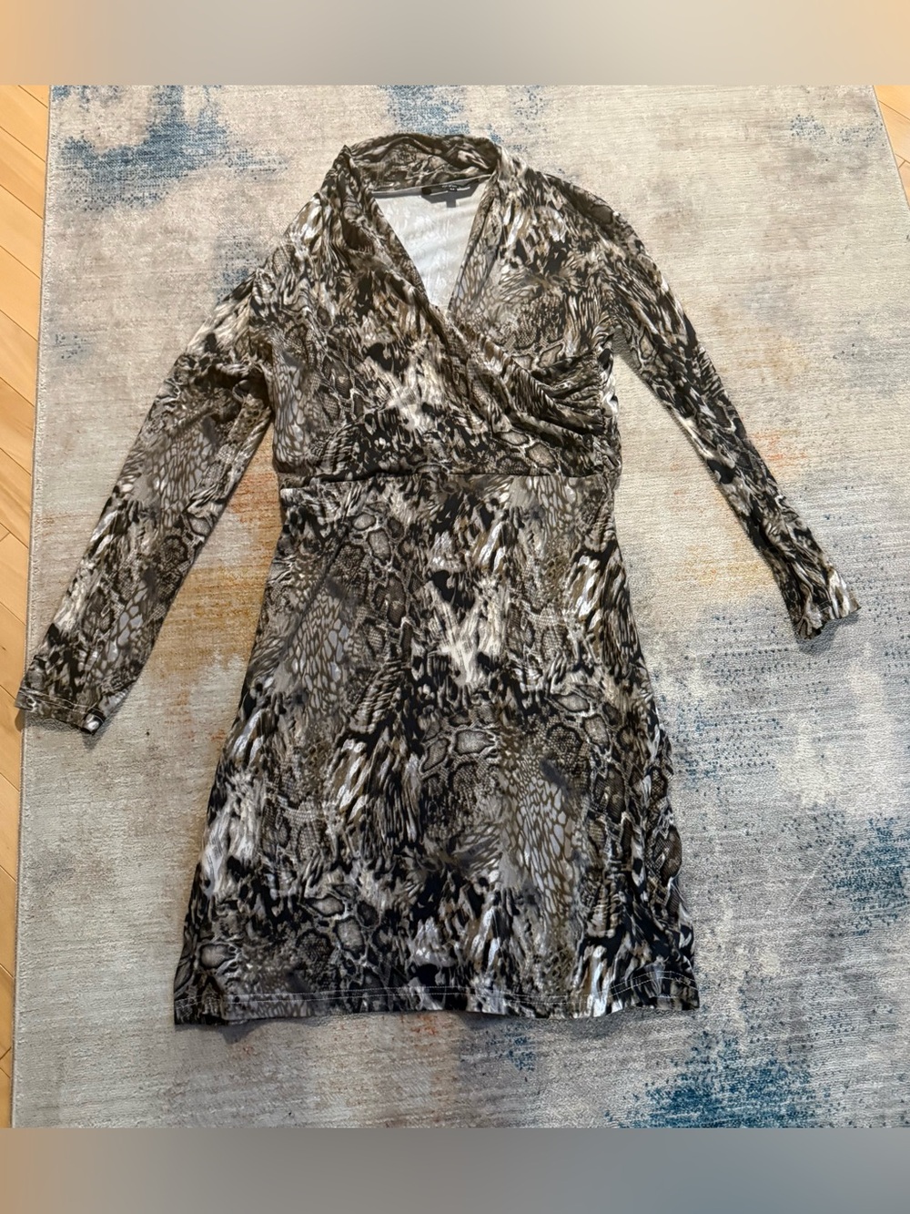 Mock Wrap-Style Long-Sleeve Dress in Black, Gray, White and Brown